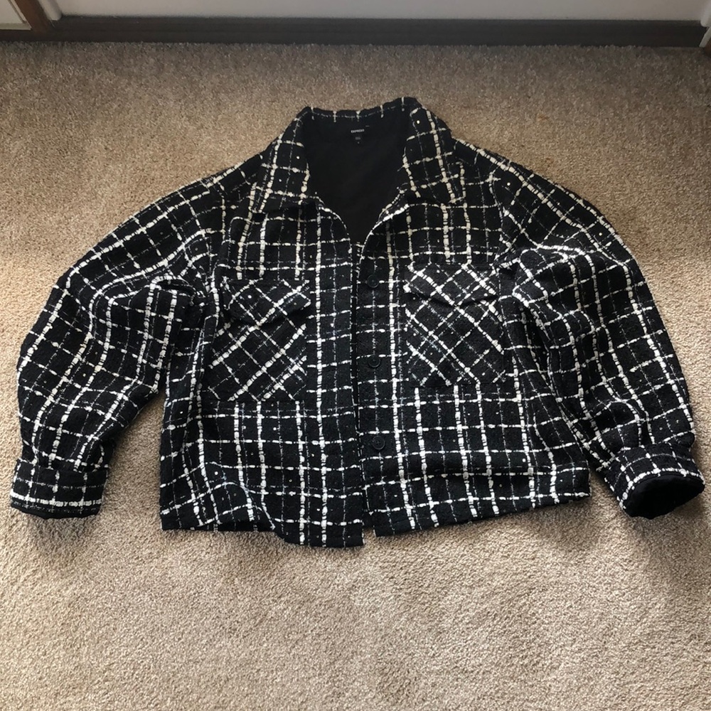 Express light weight button jacket, M. Black & white tweed style with sparkle.